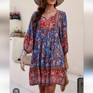 QEARAL Boho Floral Patchwork Mini Dress - Blue & Red SIZE M